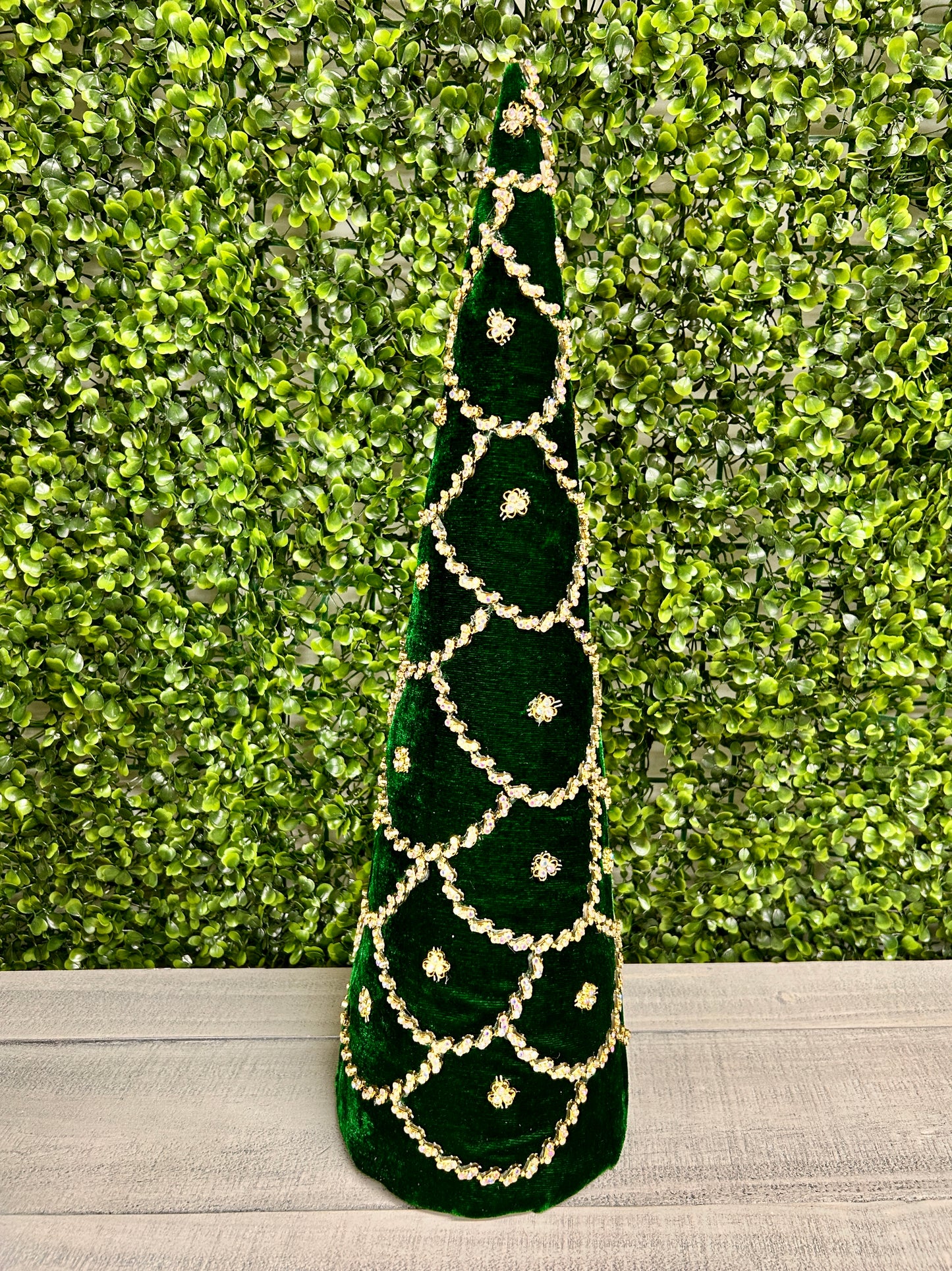 Set Of Two 18 And 24 Inch Emerald Green Jeweled Scalloped Velvet Cone Tree