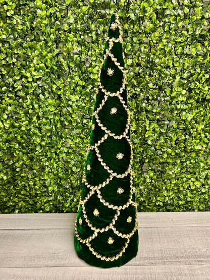 Set Of Two 18 And 24 Inch Emerald Green Jeweled Scalloped Velvet Cone Tree