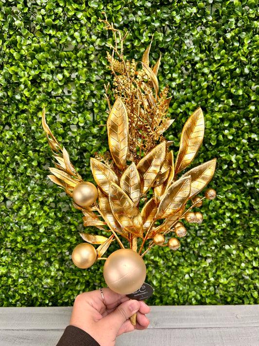 15.5 Inch Gold Mixed Metallic Glitter Ball Foliage Pick