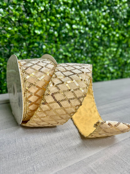David Christopher's 2.5 Inch By 10 Yard Gold Velvet Ribbon With Stitched Sequin Diamond Design Ribbon