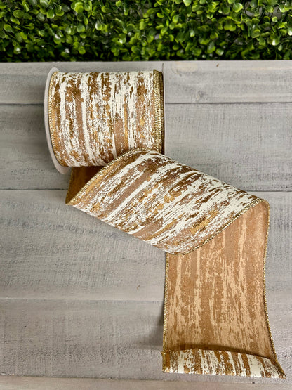 4 Inch By 10 Yard Beige Cream And Gold Glitter Metallic Streaks Ribbon