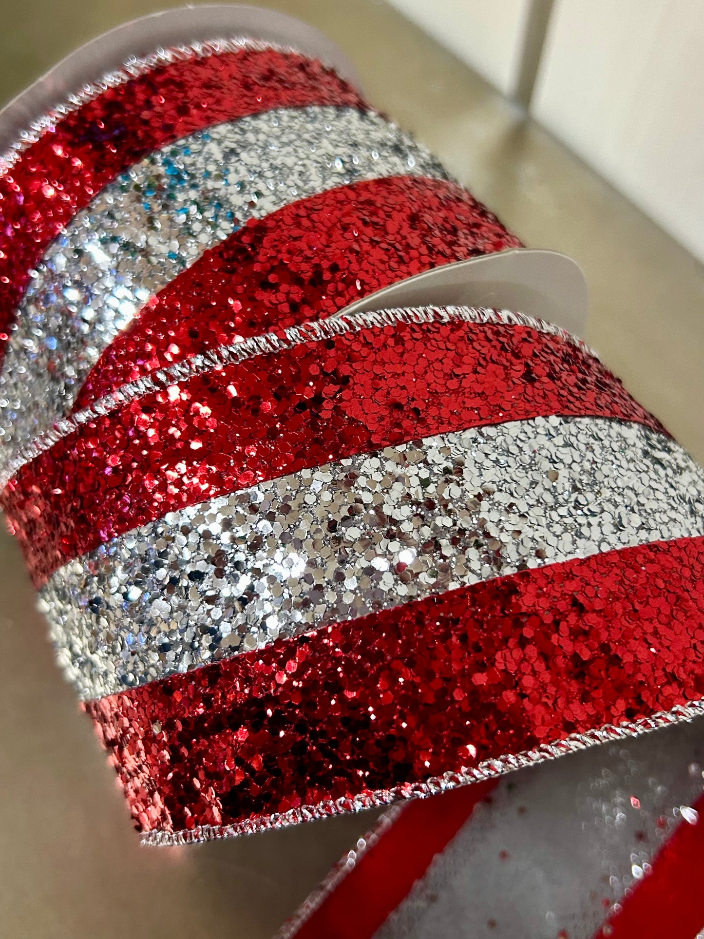 2.5 Inch By 10 Yard Red And Silver Large Glitter Stripe Ribbon