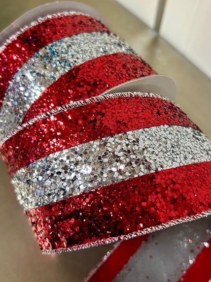 2.5 Inch By 10 Yard Red And Silver Large Glitter Stripe Ribbon