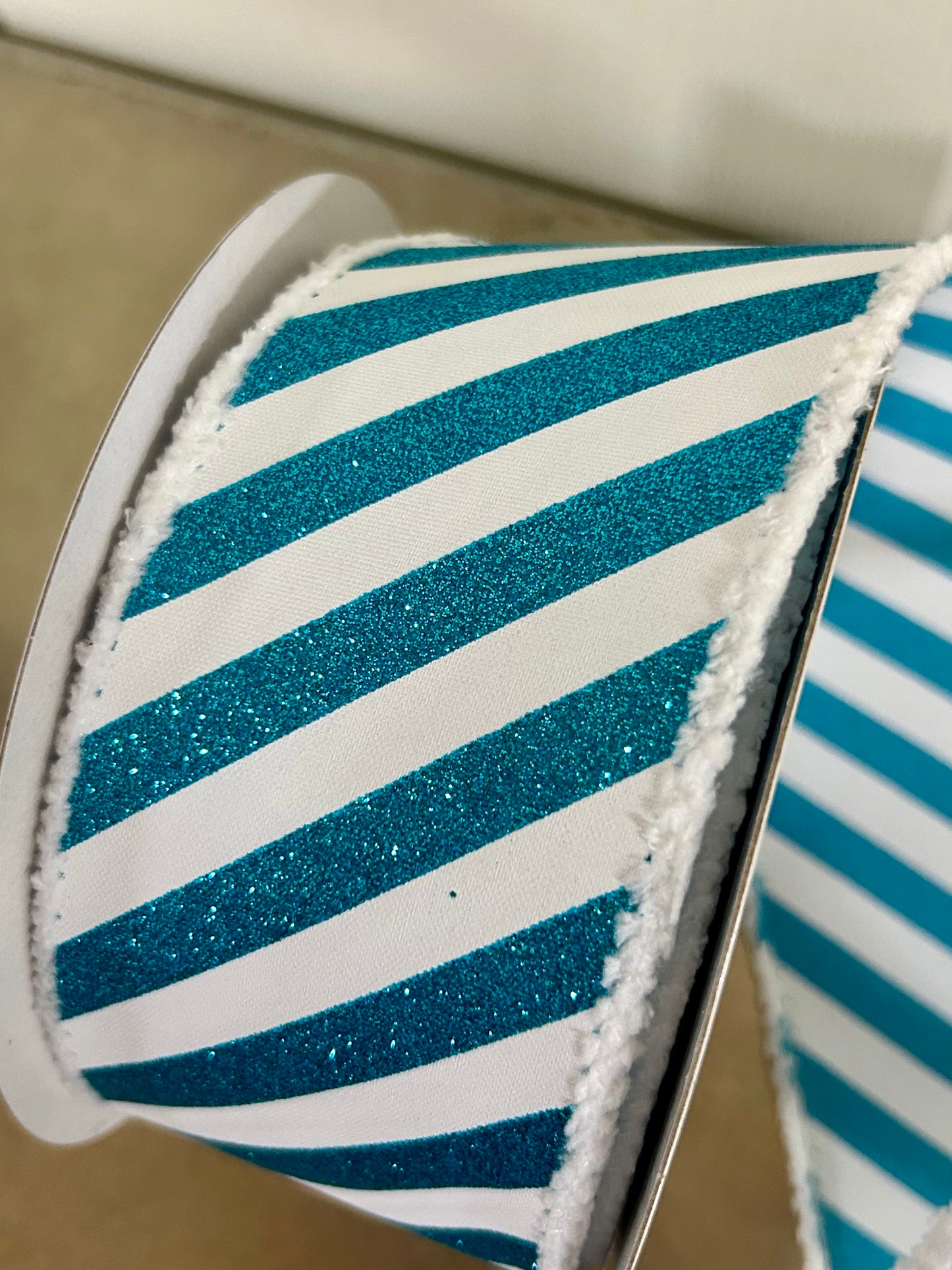 2.5 Inch By 10 Yard Teal Glitter And White Diagonal Stripe With White Fuzzy Edging Ribbon