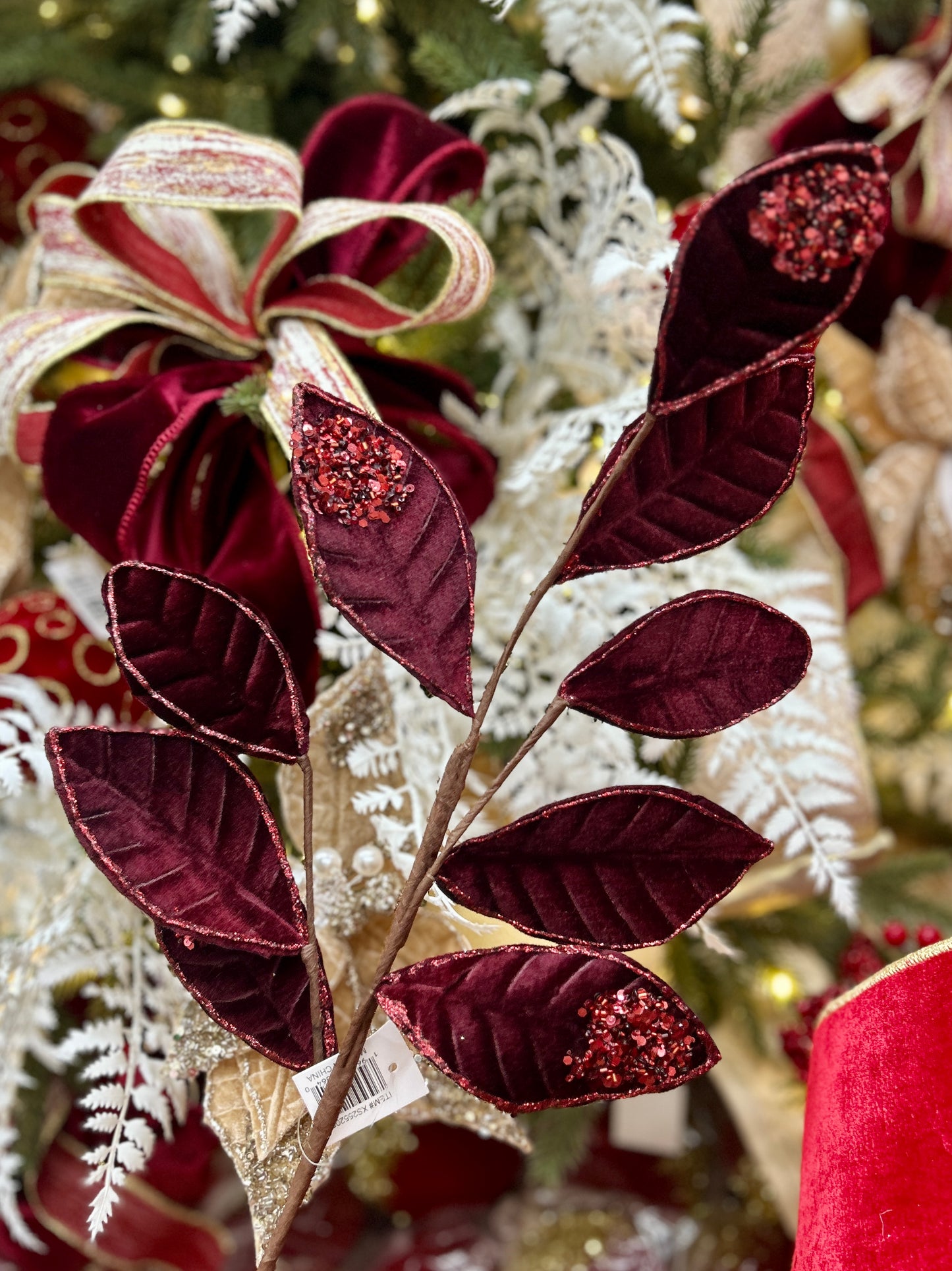 27 Inch Burgundy Velvet And Glitter Magnolia Leaf Spray