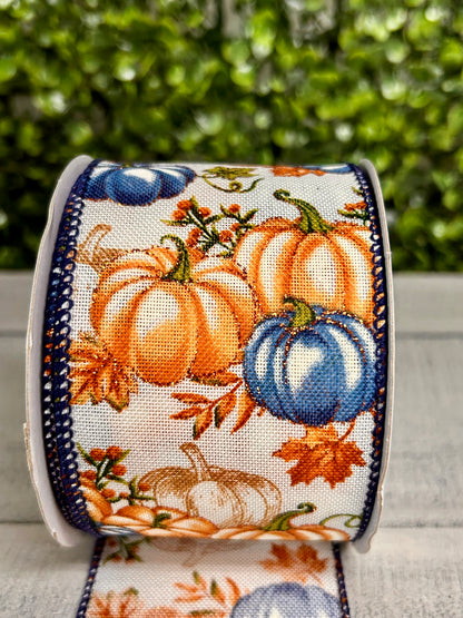 2.5 Inch By 10 Yard Cream Rust Dusty Blue Pumpkin Ribbon