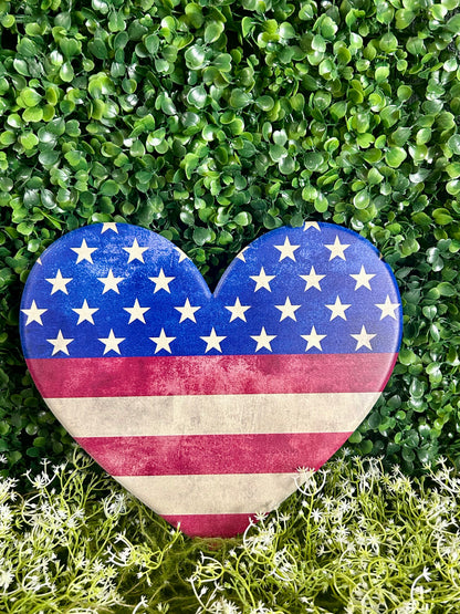 10 Inch Red Natural And Navy Metal Patriotic Heart Sign