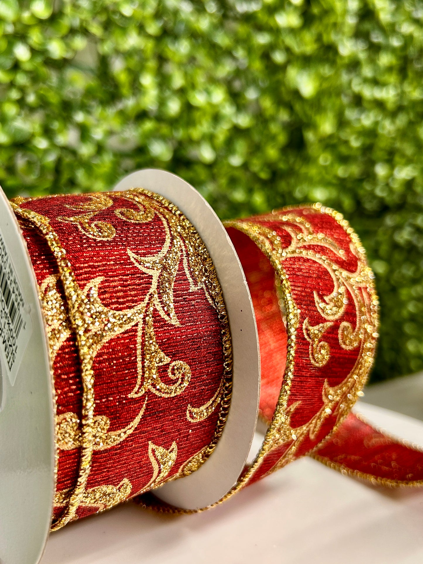 1.5 Inch Burgundy And Gold Acanthus Leaf Metallic Ribbon