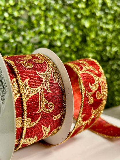 1.5 Inch Burgundy And Gold Acanthus Leaf Metallic Ribbon