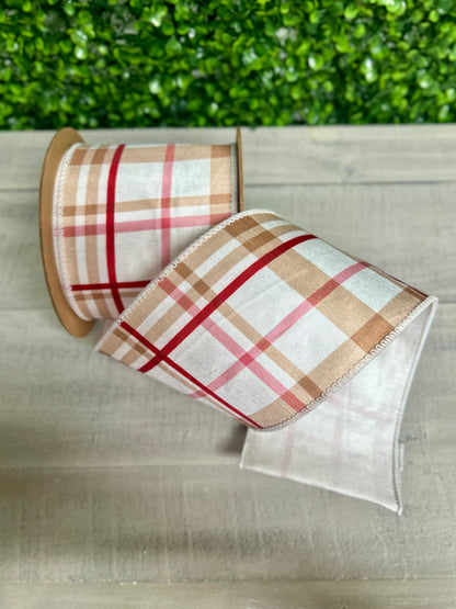 4 Inch By 10 Yard Gingerbread Plaid With White Backing Ribbon