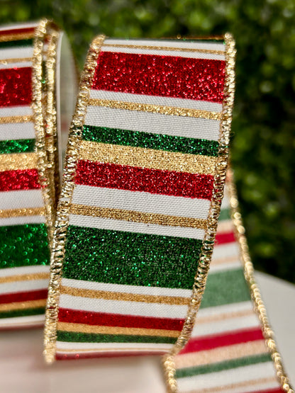 1.5 Inch By 10 Yard Hunter Green Gold And Maroon Horizontal Stripe Ribbon