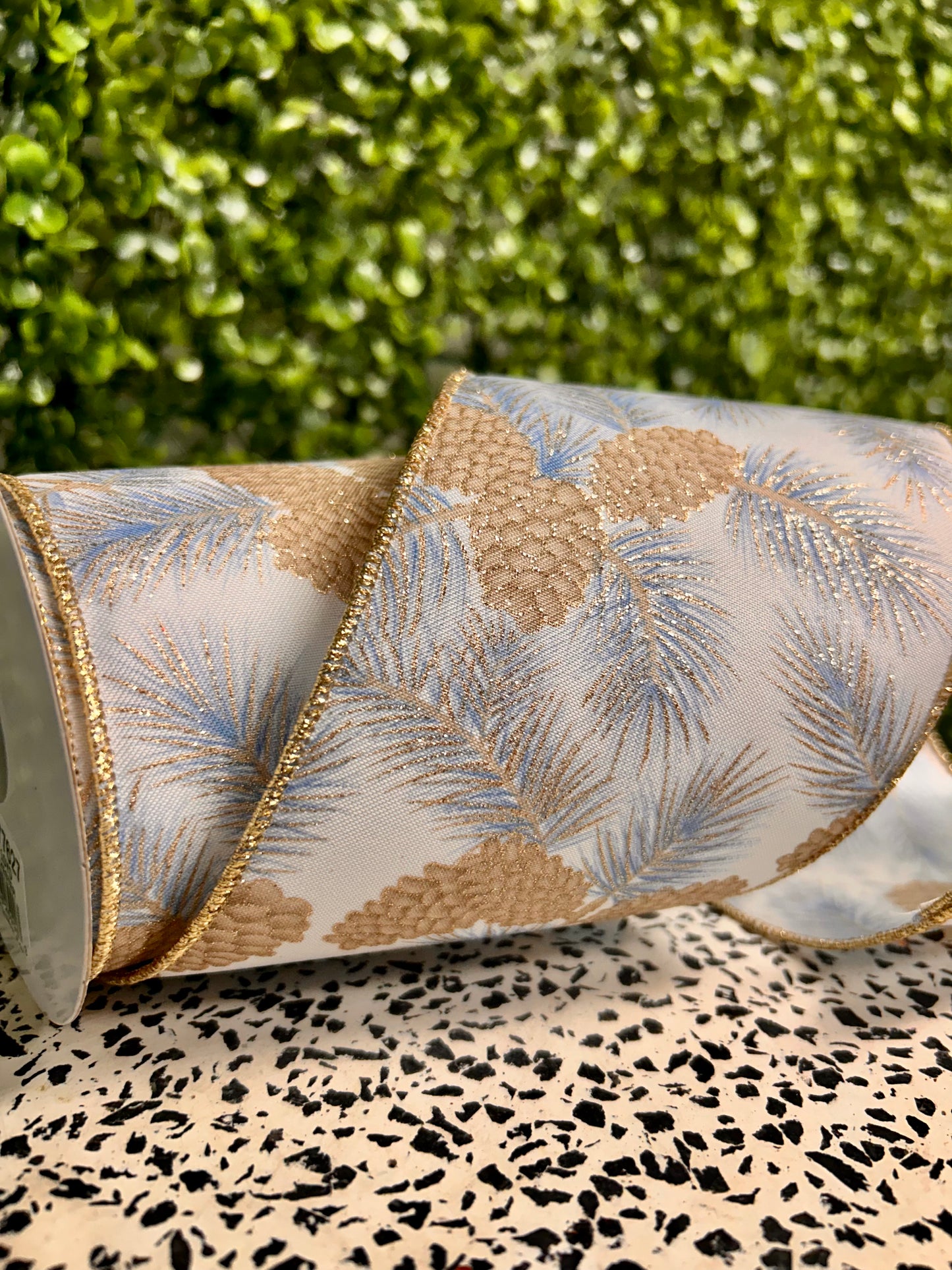 4 Inch By 10 Yard Blue And Champagne Pinecone Branches Ribbon