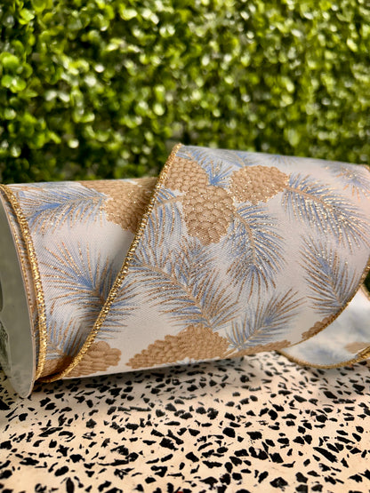 4 Inch By 10 Yard Blue And Champagne Pinecone Branches Ribbon