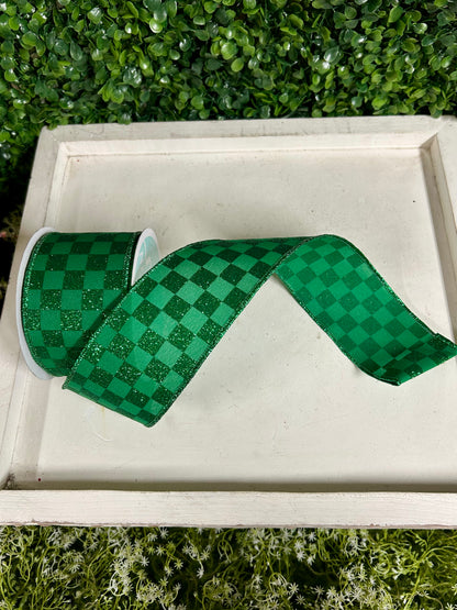 2.5 Inch By 10 Yard Emerald Green Glitter Check Ribbon