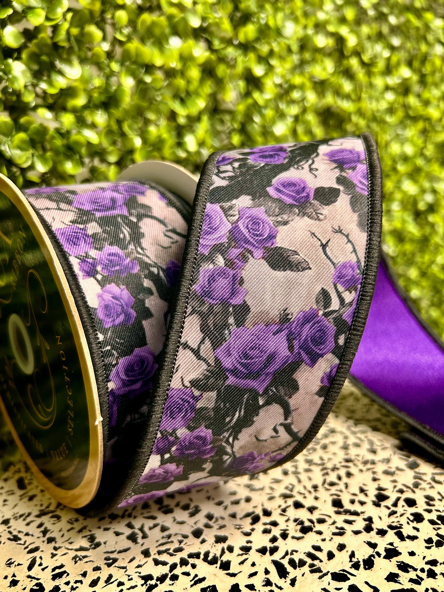 2.5 Inch By 10 Yards Violet And Lilac Roses And Vines Fused Ribbon