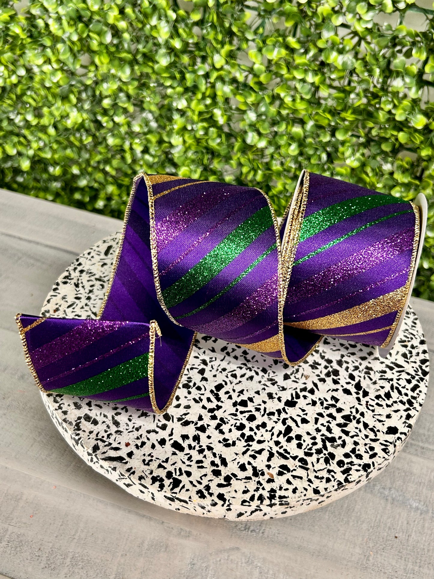 2.5 Inch By 10 Yard Mardi Gras Green Purple And Gold Diagonal Stripe Ribbon
