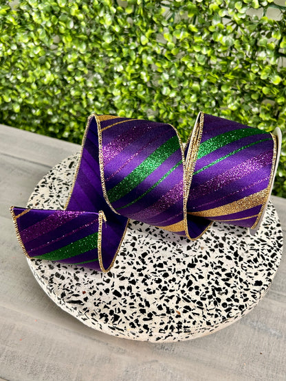 2.5 Inch By 10 Yard Mardi Gras Green Purple And Gold Diagonal Stripe Ribbon