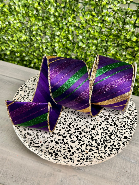 2.5 Inch By 10 Yard Mardi Gras Green Purple And Gold Diagonal Stripe Ribbon