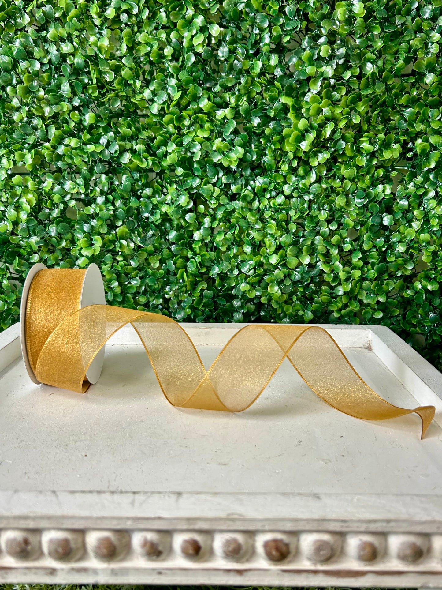 1.5 Inch By 25 Yard Old Gold Snow Organza Unwired Ribbon