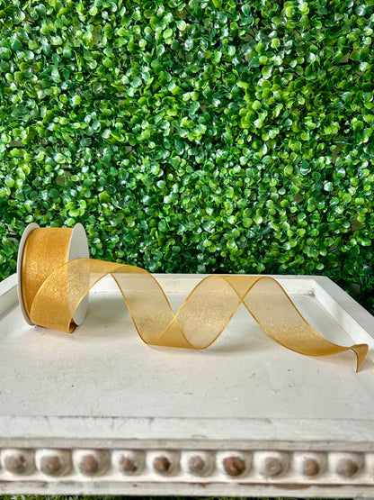 1.5 Inch By 25 Yard Old Gold Snow Organza Unwired Ribbon