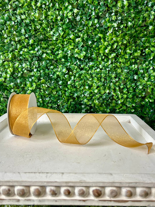1.5 Inch By 25 Yard Old Gold Snow Organza Unwired Ribbon