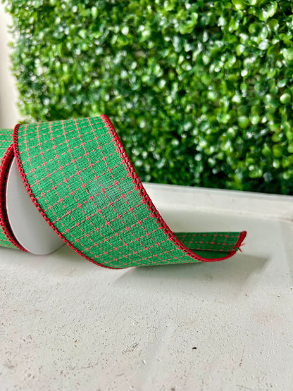 2.5 Inch By 10 Yard Emerald And Red Raised Switched Squares On Royal Ribbon