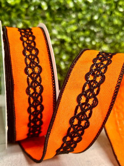 1.5 Inch By 10 Yard Orange And Black Lace On Faux Royal Ribbon