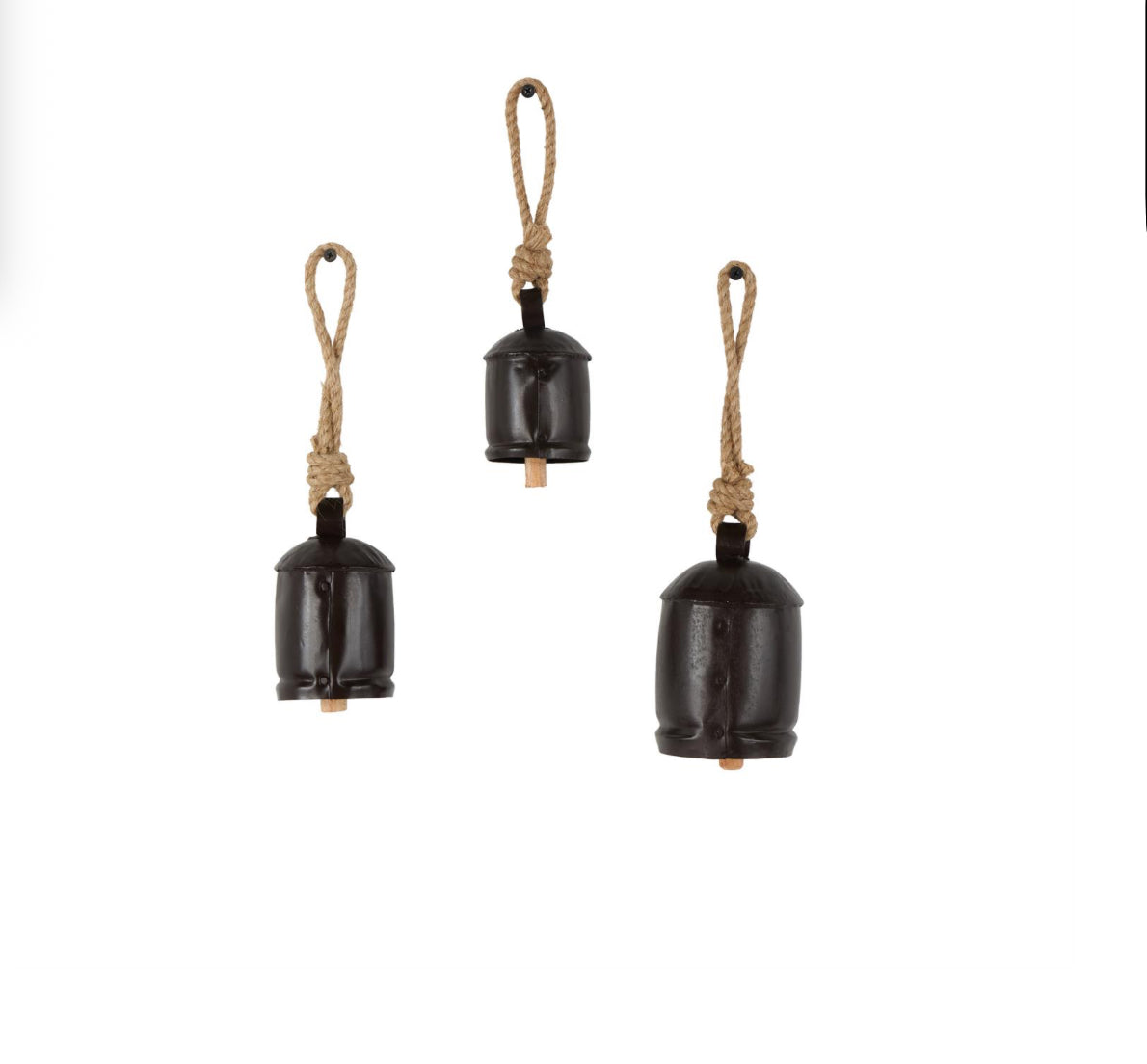 Black Metal Tibetan Inspired Indoor Outdoor Decorative Cow Bells With Jute Hanging Rope Set Of Three