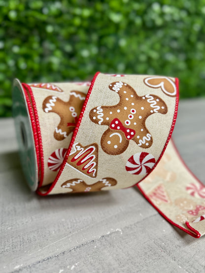 2.5 Inch By 10 Yard Cream Red And Brown Gingerbread Ribbon