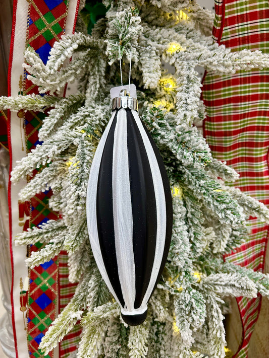 7.75 Inch Matte Black And White Ribbed Finial Ornament