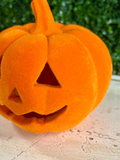 6 Inch Lighted Resin Flocked Halloween Pumpkin Three Styles