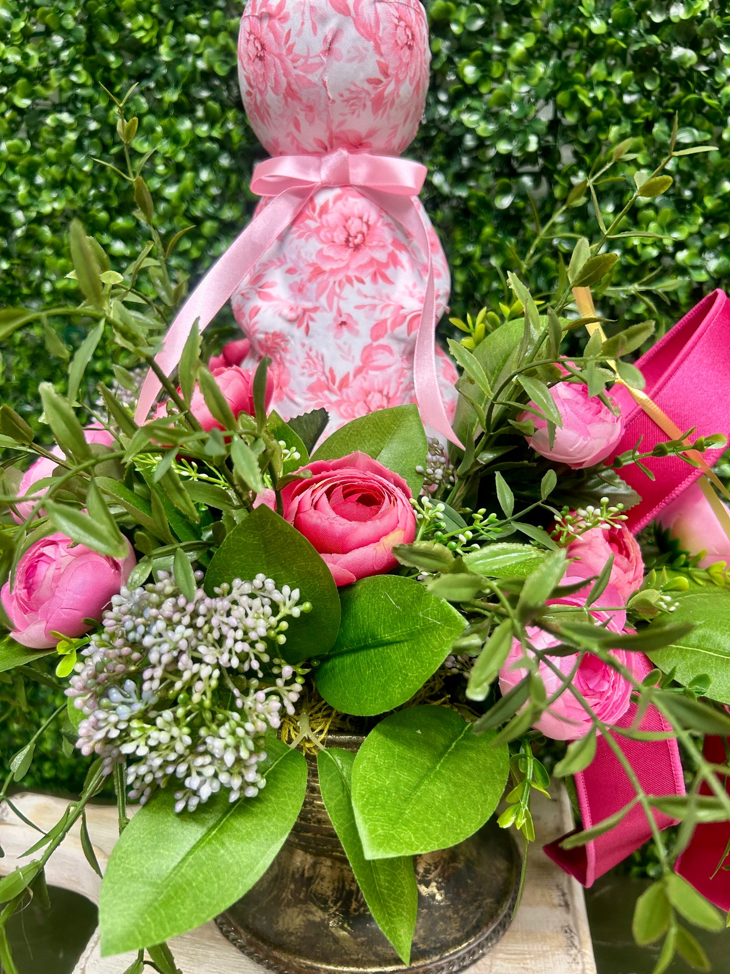 Pink And White Floral Bunny Arrangement By Angela At Barrel Of Wreaths Designs