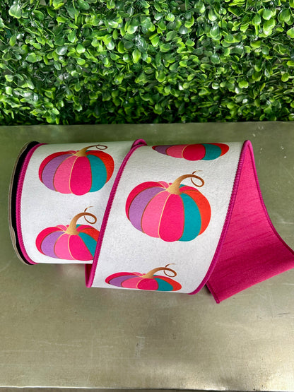 4 Inch By 10 Yard Fuchsia And White Pumpkin Fashion Dream Wired Ribbon