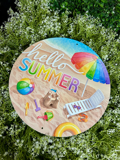 12 Inch Metal Hello Summer With Beach Sign