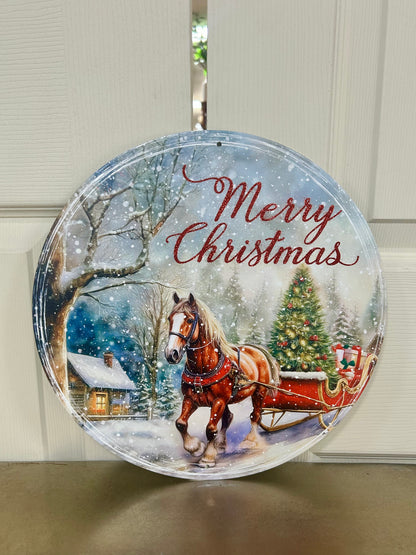 12 Inch Horse With Sleigh Merry Christmas Metal Sign