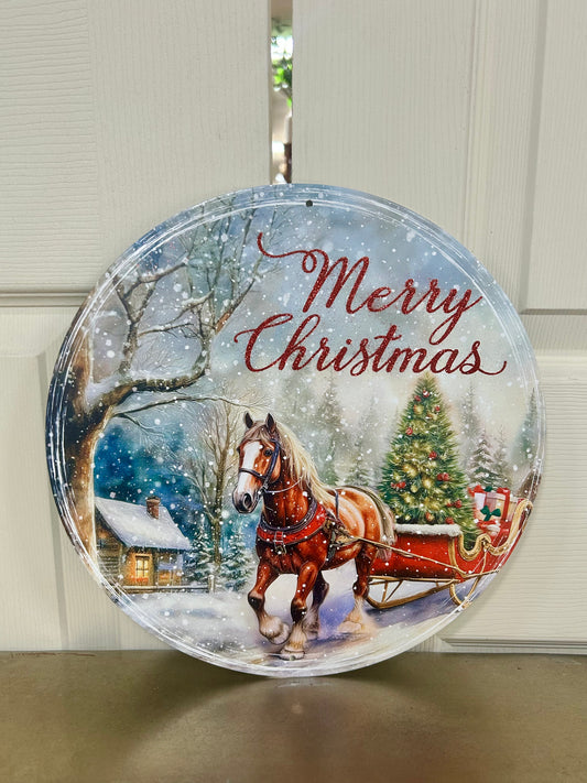 12 Inch Horse With Sleigh Merry Christmas Metal Sign