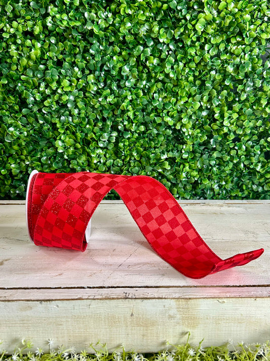 2.5 Inch By 10 Yard Red Glitter Check Ribbon