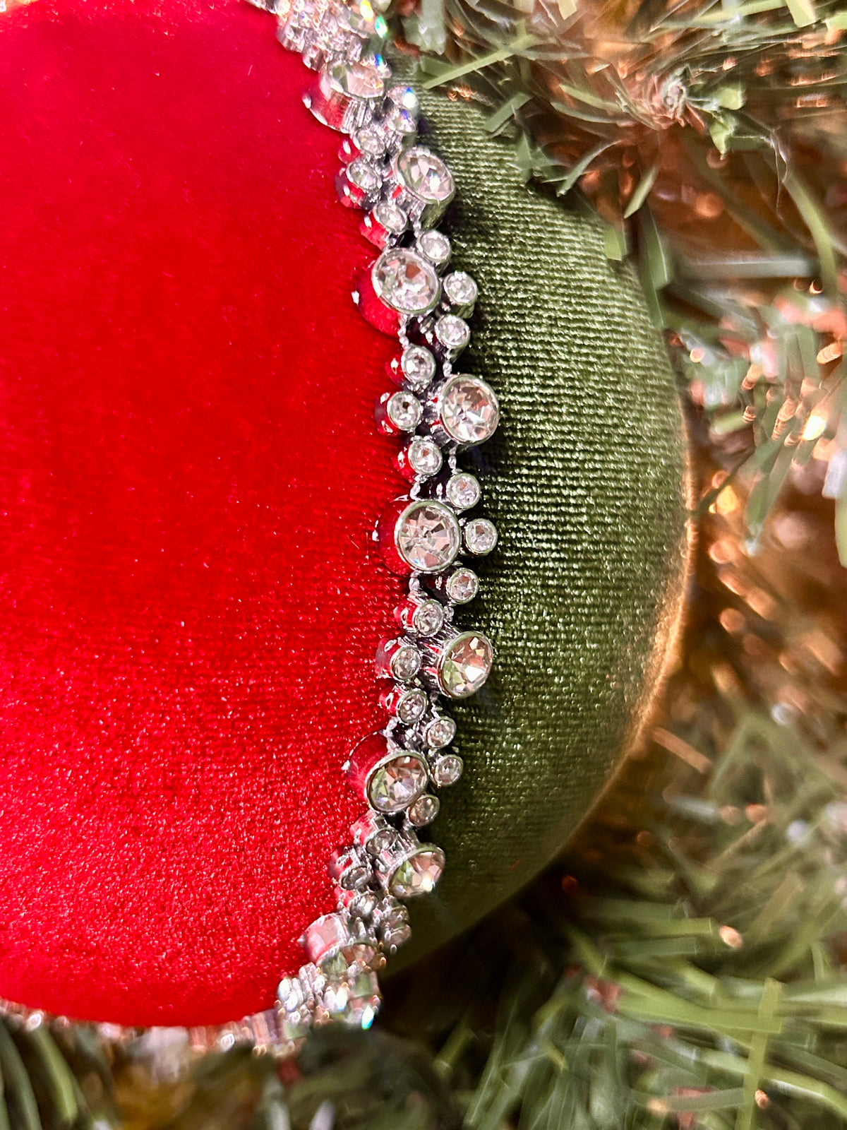 5 Inch Red And Green Diamond Velvet Ball Ornament