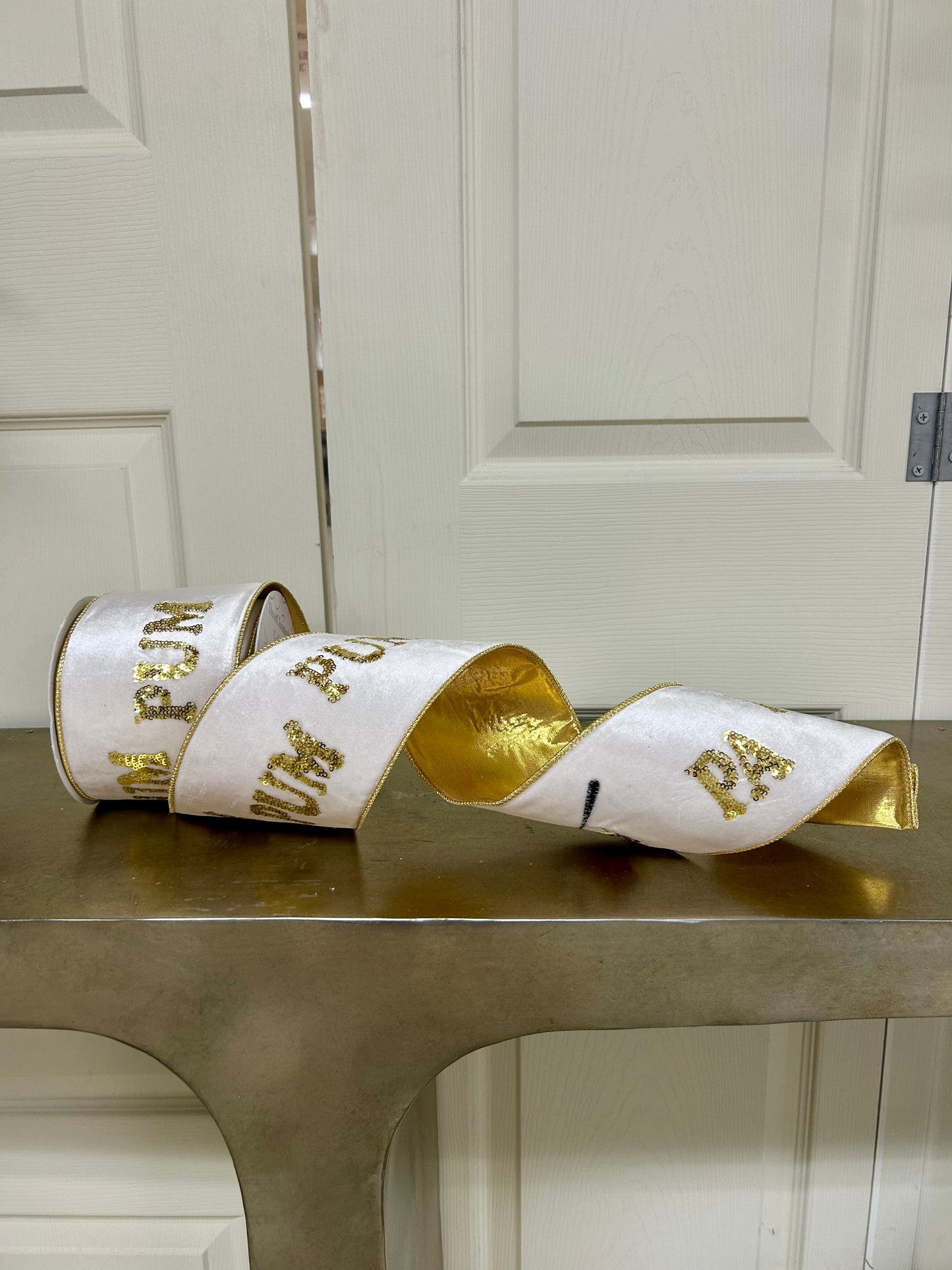 4 Inch By 10 Yard Pa Rum Pum Pum Gold Sequin Embroidery With Drum On Ivory Velvet Ribbon