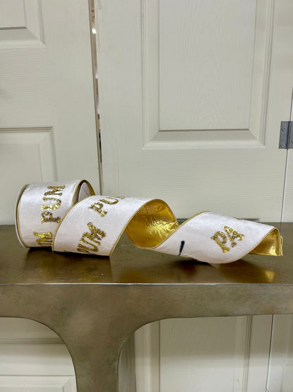 4 Inch By 10 Yard Pa Rum Pum Pum Gold Sequin Embroidery With Drum On Ivory Velvet Ribbon