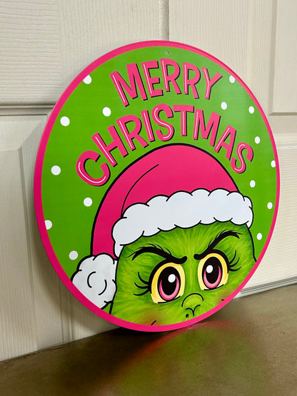 12 Inch Lime And Pink Merry Christmas Green Monster Metal Sign