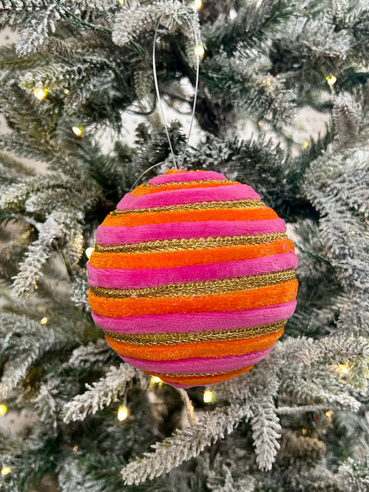 5 Inch Hot Pink Orange Gold Velvet Braided Striped Ornament Ball