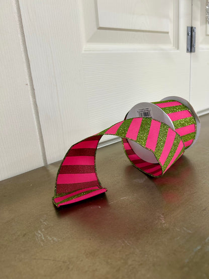 2.5 Inch By 10 Yard Hot Pink And Lime Green Horizontal Glitter Stripes Ribbon