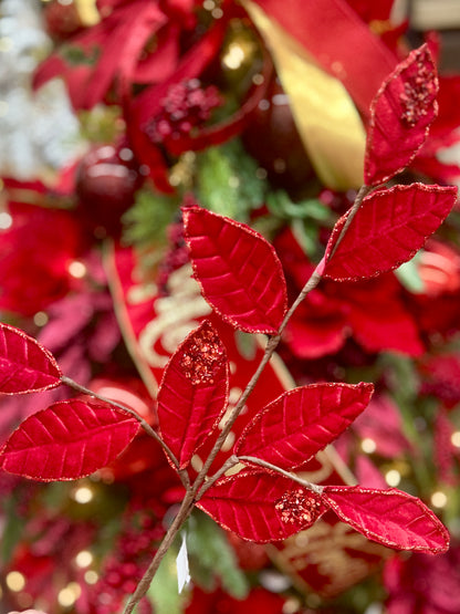 27 Inch Red Velvet And Glitter Magnolia Leaf Spray
