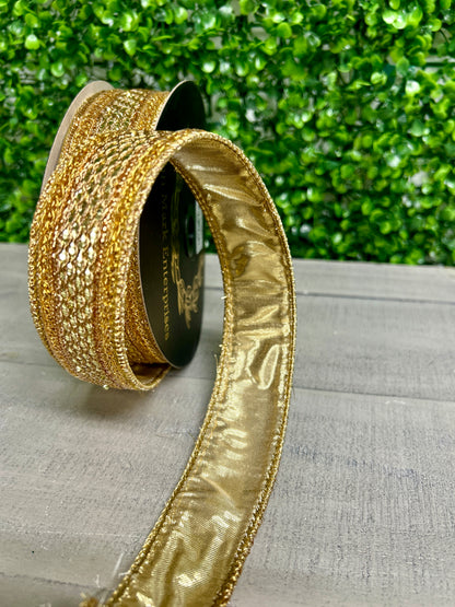 John Mark 1 Inch By 10 Yard Gold Jeweled Metallic Dupioni Ribbon