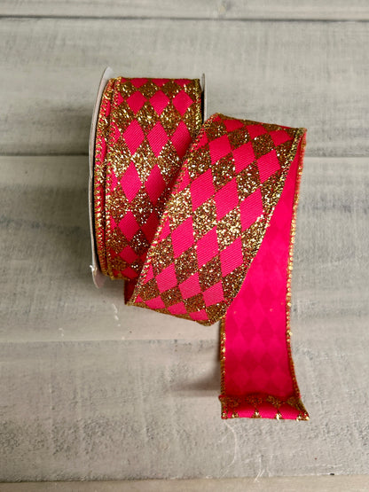 1.5 Inch By 10 Yard Fuchsia And Gold Glitter Harlequin Ribbon