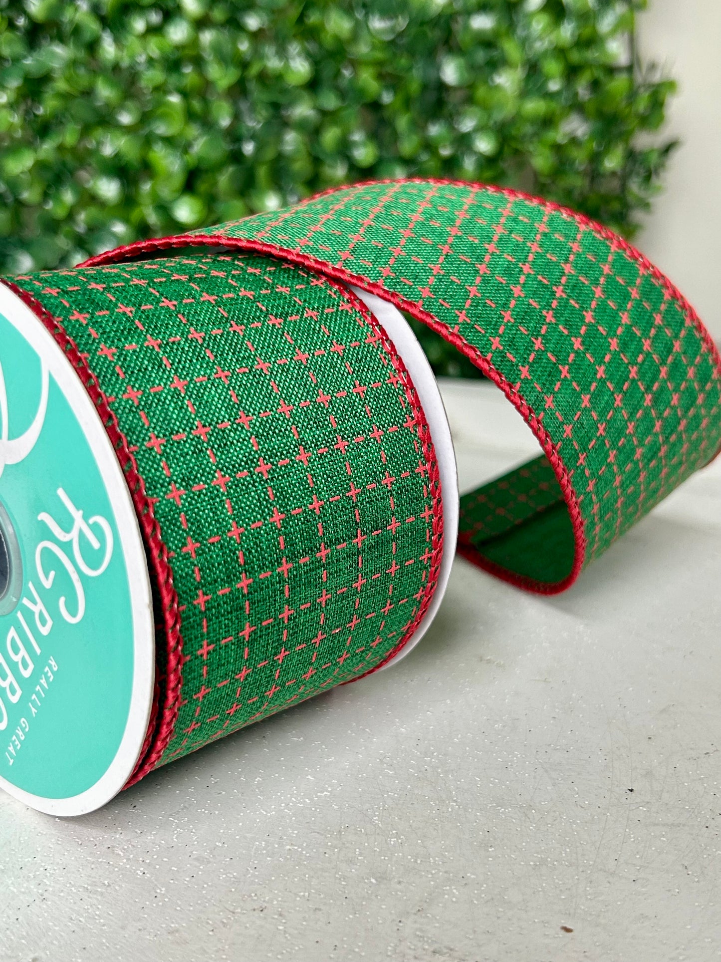 2.5 Inch By 10 Yard Emerald And Red Raised Switched Squares On Royal Ribbon