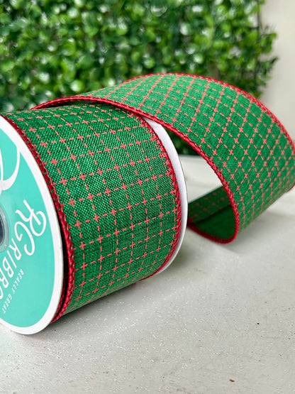 2.5 Inch By 10 Yard Emerald And Red Raised Switched Squares On Royal Ribbon