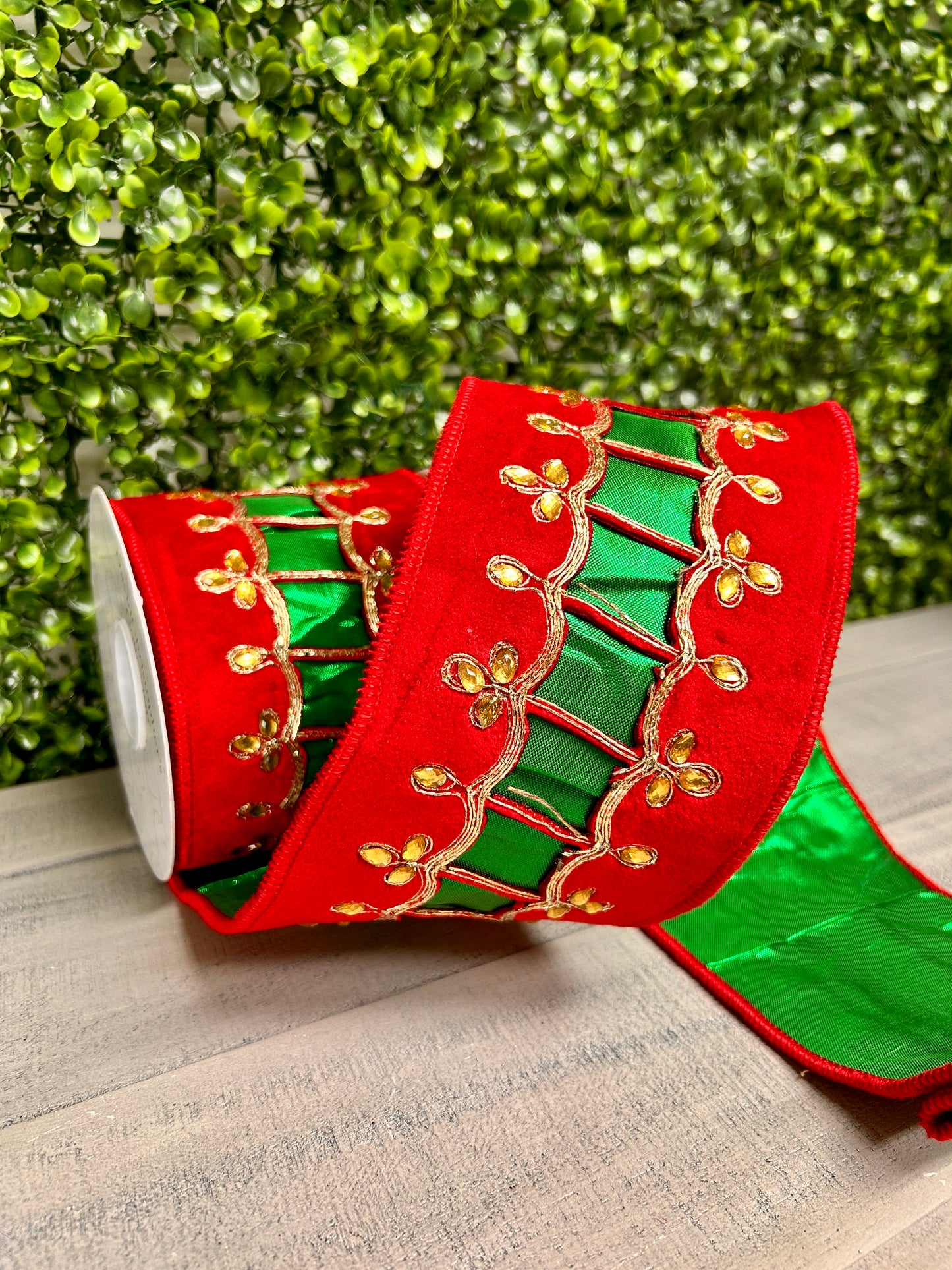 David Christopher 4 Inch By 5 Yard Regal Uniform Jeweled Trim on Red Velvet With Green Back Ribbon