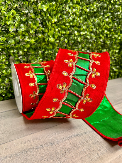 David Christopher 4 Inch By 5 Yard Regal Uniform Jeweled Trim on Red Velvet With Green Back Ribbon
